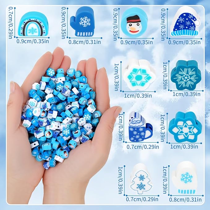 Augshy 300Pcs Winter Beads for Jewelry Making, Winter Blue Polymer Clay Beads Holiday Snowflake Snowman Craft Bead for Bracelets Necklaces Earrings Making Supplies