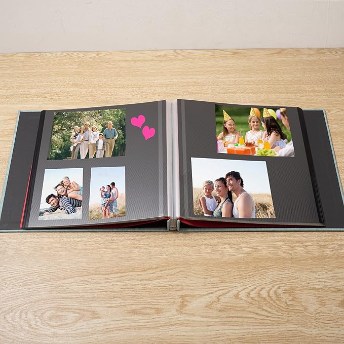 Large Photo Album Self Adhesive 4x6 8x10 10x12 13"x12.6" Scrapbook Album 12.6"x11" Inch 60 Black Sticky Pages Linen Cover Magnetic Photo Album with A Metallic Pen and DIY Stickers(Green)