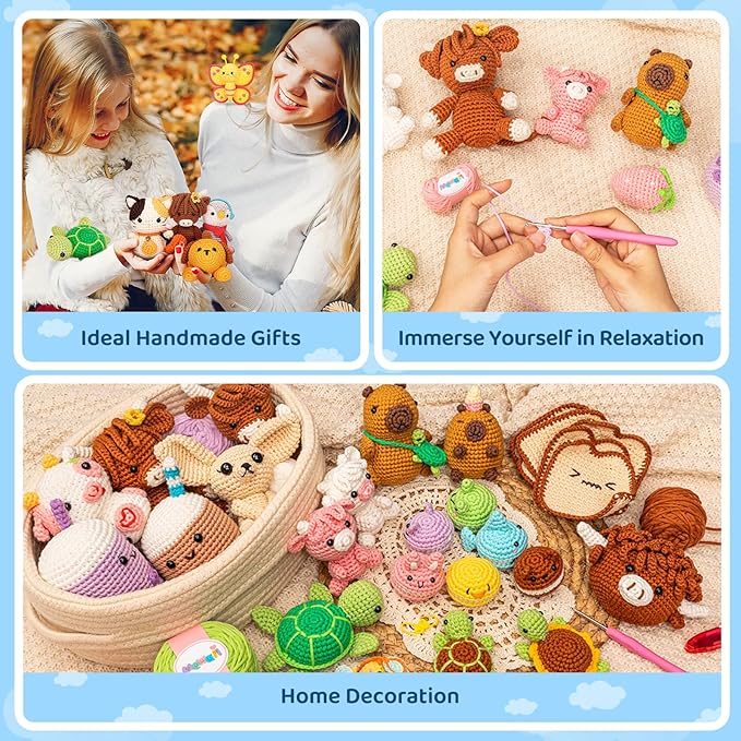 Mewaii Beginner Crochet Kit with 40% Extra Yarn, Pre-Started Yarn & Video Tutorials - 3 Sea Turtles Craft Set for Adults & Kids