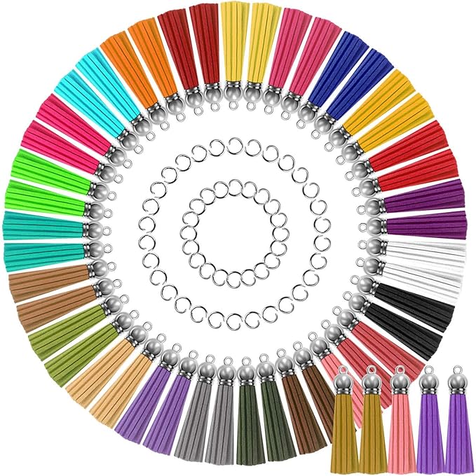 Paxcoo Tassels for Jewelry Making, 50pcs Leather Tassel Keychain Charms Bulk with 50pcs Jump Rings for Jewelry Making, Bracelets, Acrylic Key Chain Blanks and Craft Supplies
