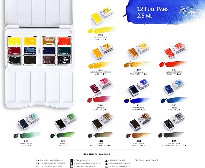 White Nights Professional Watercolor Set – 12 Full Pans of Extra Fine Artist-Grade Pigments, Vibrant Lightfast Colors, Portable Durable Plastic Box by Nevskaya Palitra
