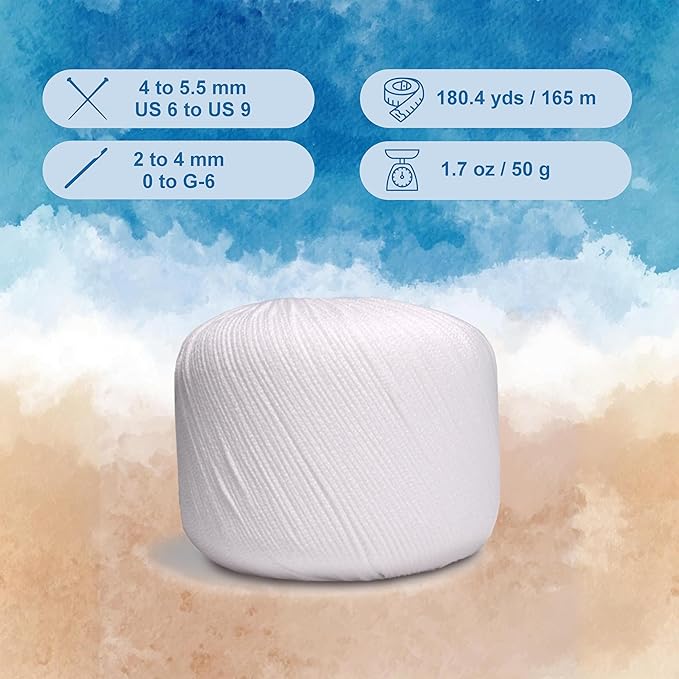 CIRCULO Seaside Yarn, Perfect for Beachwear, Bikinis & Cover-Ups, Quick-Drying & Lightweight, Fingering Weight, 100% Polyamide, 180.4 yds, 50g (8001 - White)