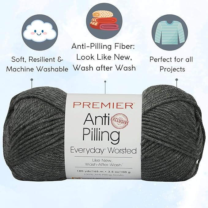 Premier Yarns Everyday Anti-Pilling Solid Charcoal DN100-73 (3-Skeins - Same Dye Lot) #4 Worsted Weight Acrylic Yarn for Crocheting and Knitting with Project Bag