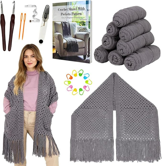 Arborthread Crochet Kit for Beginners, Easy Pocket Shawl & Scarf Crochet Kit for Adults w/Ample Premium Yarn to Fit Different Sizes, Step-by-Step Video & Instructions, Grey