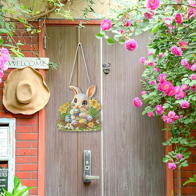 KEYIFA Rabbit Hanging Diamond Art Painting Kits for Adults and Kids Age 8-12, 5D Special Shape Diamond Dots Kit Easter Egg Crystal Gem Painting Art Crafts for Window, Wall, Door, Garden Decor