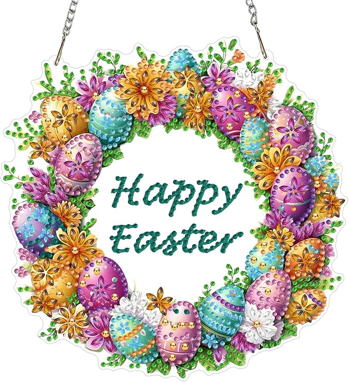 MEIYUDA Easter Egg Diamond Art Hanging Kits for Adult, Happy Easter Diamond Painting Hanging Kits Ornaments, DIY Special Shaped Rhinestone Window Pendant for Home Garden Wall Decor Gift