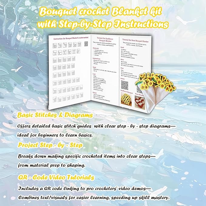 Yarniss Sunflower Blanket Kit for Beginner,Flower Bouquet Blanket Crochet Kit with Step by Step Istruction&Tutorial,Easy Crochet Starter Kit