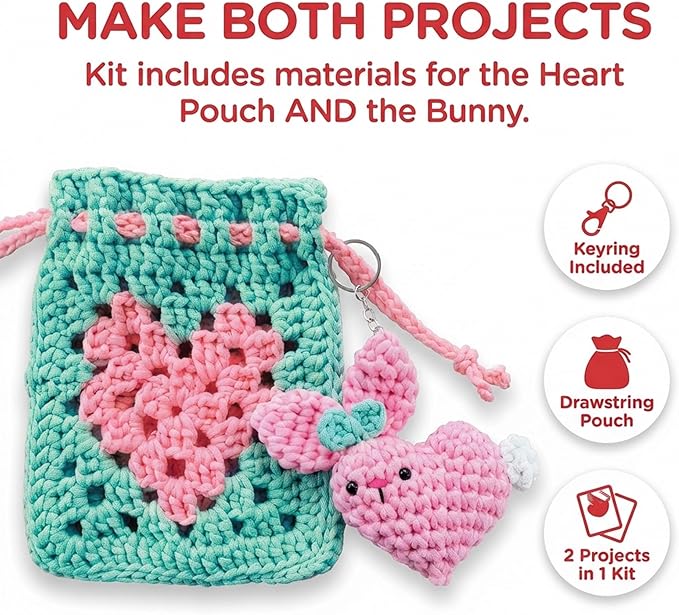Wimmsie Crochet Animal Kit for Beginners - Easy Beginner Crochet Kit for Kids - Cute Amigurumi Heart Bunny & Granny Square Heart Pouch - Easter Craft - Keychain and Mini Purse