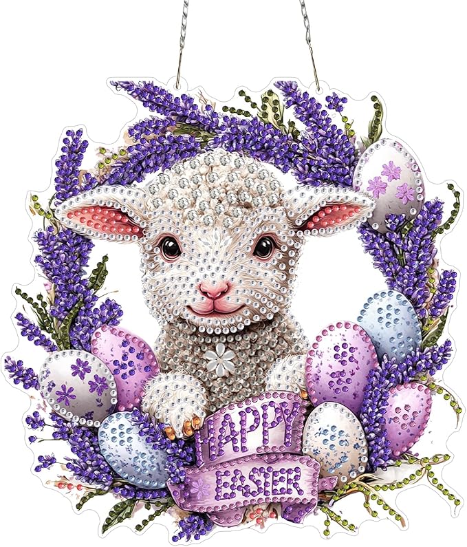 KEYIFA Easter Diamond Painting Kit, DIY Lamb Diamond Art for Adults, Diamonds Pendant Special Shaped Rhinestone Window Hanging Ornaments Home Garden Wall Door Decoration, 20cm Width