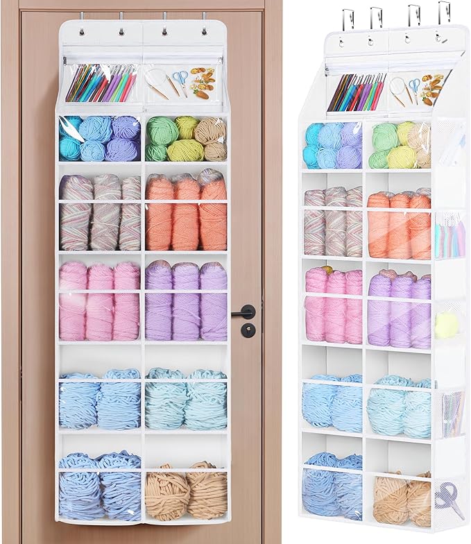 Univivi 6 Tiers Hanging Yarn Storage Organizer, Large Knitting Organizer with 12 Deep Clear Pockets & 10 Mesh Side Pockets, Over The Door Yarn Holder for Crochet Hooks, Knitting Needles, White