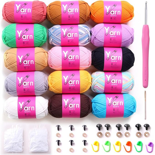 15 Pack Crochet Yarn Beginner - Black, White, Orange, Red, Green, Pink, Yellow Cotton Chunky Yarn - Easy-to-See Stitches for Crocheting (15 * 50g)