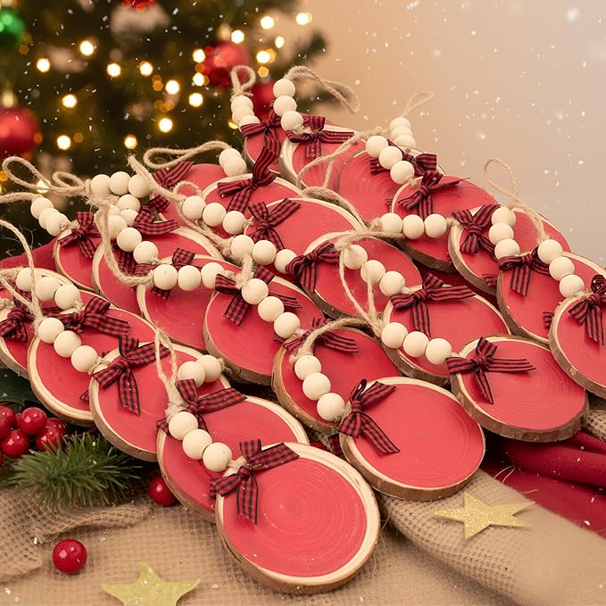 Sawysine 36 Pcs Wooden Christmas Ornament 2.8 to 3.2 Inch Craft Wooden Kit Natural Wood Slices with Round Natural Wood Beads and Buffalo Plaid Bow for Arts and Crafts Christmas Ornaments (Red)
