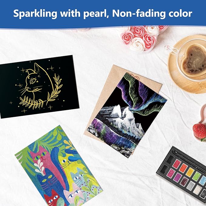 Mini Glitter Watercolor Paint Set with Paper, 12 Colors Shimmer Metallic Watercolour Painting Sets, Solid Pearl Water Color Paints for Adult(3ml 12 Colors)