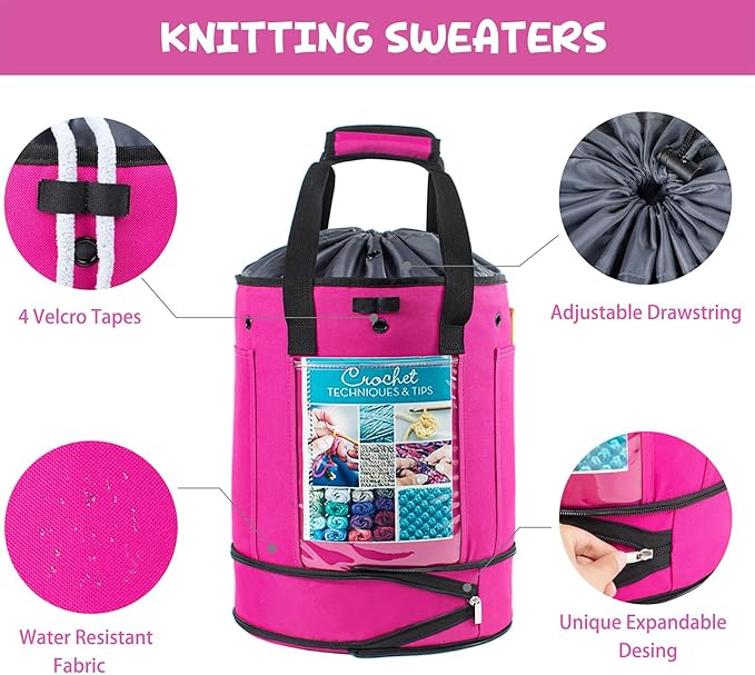 Expandable Yarn Storage Organizer, Crochet Bag & Yarn Tote with Zipper Closure, Yarn Holder for Crocheting and Knitting for Yarn Skeins, Hooks, Needles,Accessories – Gift for Crafters
