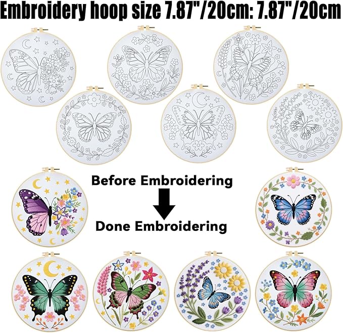 ORIGACH 6 Pack Butterfly & Flower Wreath Embroidery Kits for Beginners, DIY Starter Hand Embroidery Kit with Floral and Butterfly Patterns and Instructions for Adults Women Crafting