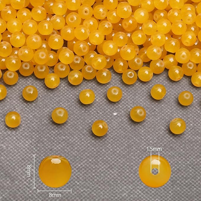 200PCs 8mm Yellow Jade Glass Beads Bulk, Round Smooth Hole Glass Crystal Beads for Jewelry Making, DIY Bracelets, Necklaces, Bag Charms, Keychains and Craft Projects