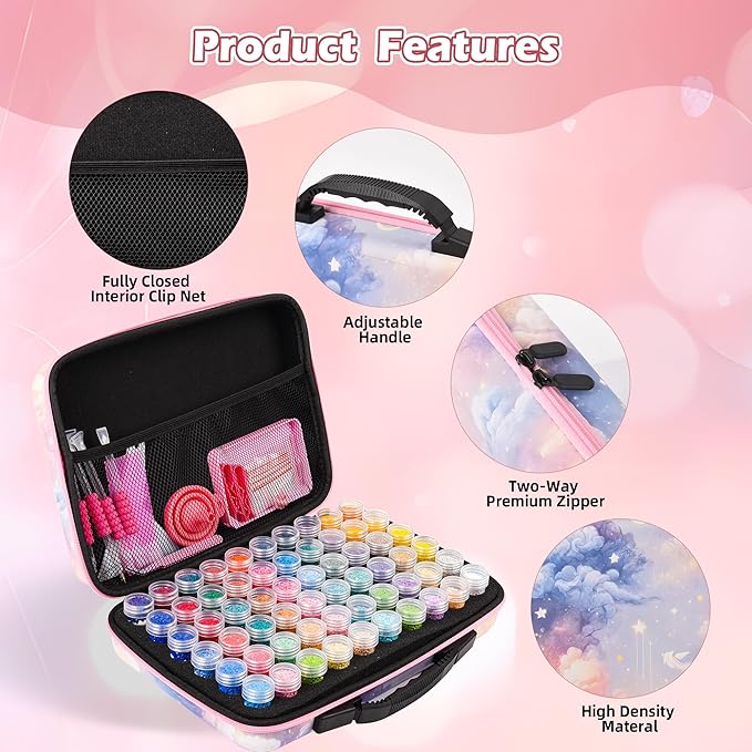 60 Slots Diamond Painting Storage Container, Diamond Art Kits for Adults Stackable Bead Organizer with Carrying Handle, Craft Storage Box with Accessories (Starlit Mist-60 Slots)