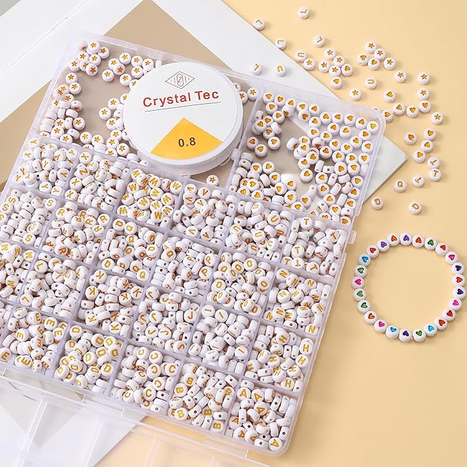 nikkiGuo 1250pcs 4x7mm White Round Acrylic Alphabet Beads A-Z Heart Beads with Numbers Crystal Line for Jewelry Bracelet, Necklace and Key Chains (Yellow White Colorful)