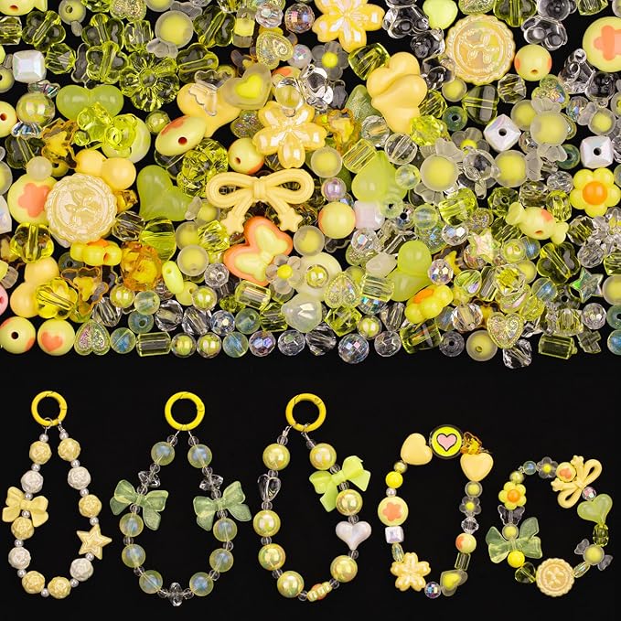 LAIDANLA Acrylic Yellow Beads for Bracelets Yellow Cute Beads for Jewelry Making DIY Necklace Keychain Assorted Random Mixed Aesthetic Phone Bead Charms 160g