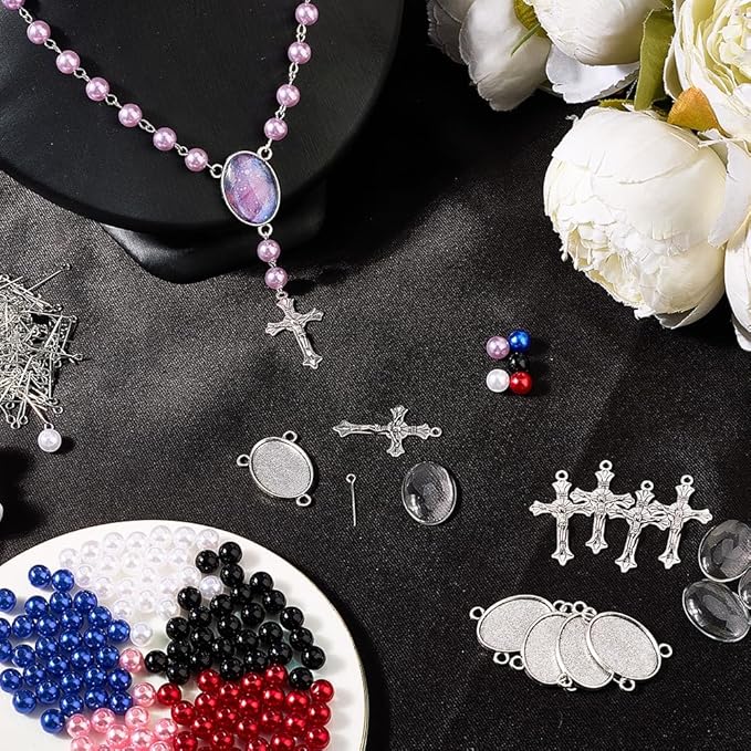 SUNNYCLUE 778Pcs DIY 6 Sets Rosary Making Kits Rosary Crosses Cross Charms Cabochon Bezel Setting with Glass Cabochons Imitation Pearl Beads Crucifix Charms for Women Men Memorial Gifts Supplies