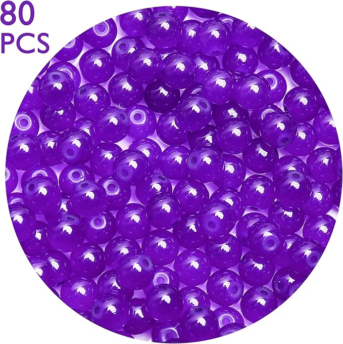 80PCs 10mm Deep Purple Jade Glass Beads Bulk, Round Smooth Hole Glass Crystal Beads for Jewelry Making, DIY Bracelets, Necklaces, Bag Charms, Keychains and Craft Projects