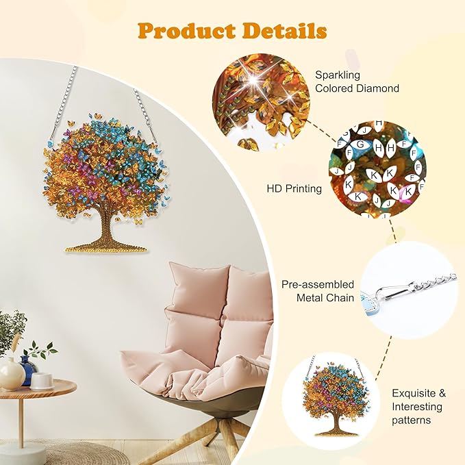 HEIBAGO Tree of Life Diamond Art Hanging Kits for Adults,Butterfly Diamond Art Suncatchers,5D Special Shape Diamond Painting Pendant,DIY Window Ornament Gifts for Home Garden Door Wall Decor 8.3x8.3In