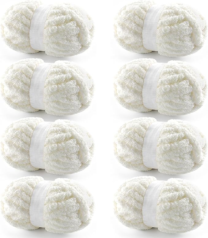 8 Pack Chunky Yarn for Hand Knitting - Chunky Chenille Blanket Yarn for Crocheting - Jumbo Fluffy Yarn for Crochet - Super Bulky Yarn 25 yds 7.7 oz Each Skein (Milky White)