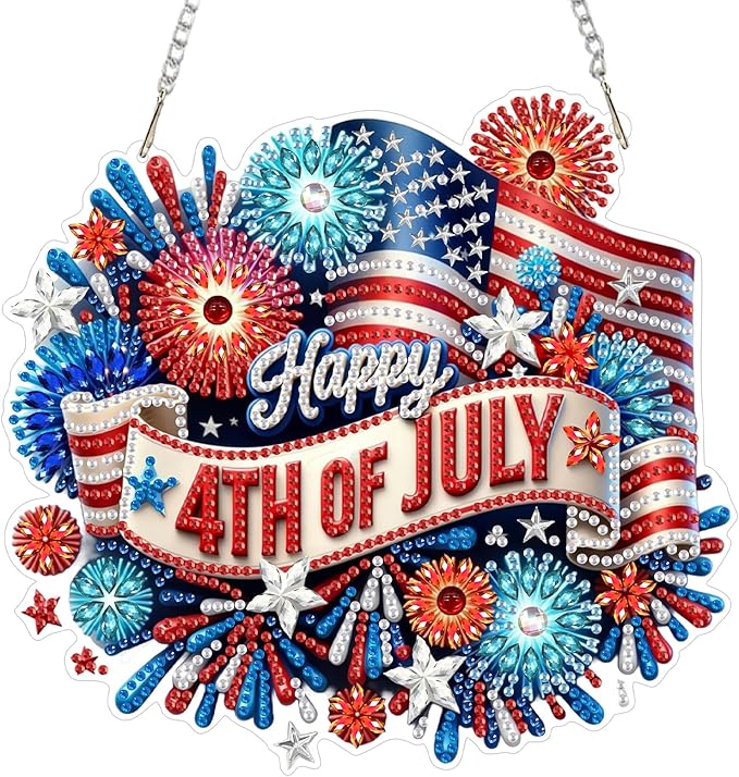 CEOVR Independence Day Hanging Diamond Art for Adults, 4th of July American Flag Diamond Painting Pendant DIY Gem Art Wall Hanging Ornament, Acrylic Home Garden Decor with Chain, Box Kit 7.79×7.3inch