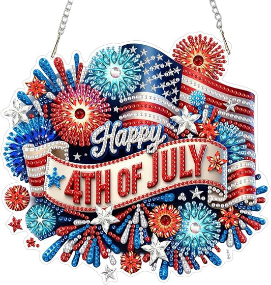 CEOVR Independence Day Hanging Diamond Art for Adults, 4th of July American Flag Diamond Painting Pendant DIY Gem Art Wall Hanging Ornament, Acrylic Home Garden Decor with Chain, Box Kit 7.79×7.3inch