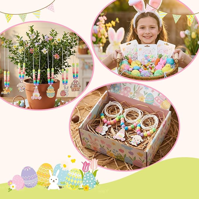 Bafeil 24 Set Easter Crafts Bead Necklace Making Kit for Kids - DIY Make Your Own Bunny Necklace for Arts and Crafts Project, Classroom Activities Gifts, Party Favors & Easter Basket Stuffers
