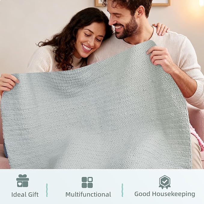 Aeelike Blanket Crochet Kit for Beginners, Easy Crochet Blanket Kit with Soft Chenille Yarns Detailed Instruction Crocheting Accessories Complete Beginners Crocheting Kits, Cyan-Gray