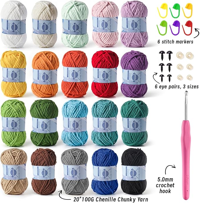 20 Pack Fluff Chenille Chunky Yarn for Crocheting Premier Puzzle - Velvet Baby Crochet Yarn with Black White Purple Pink Blue Coffee Red Khaki Yellow Amigurumi Set A