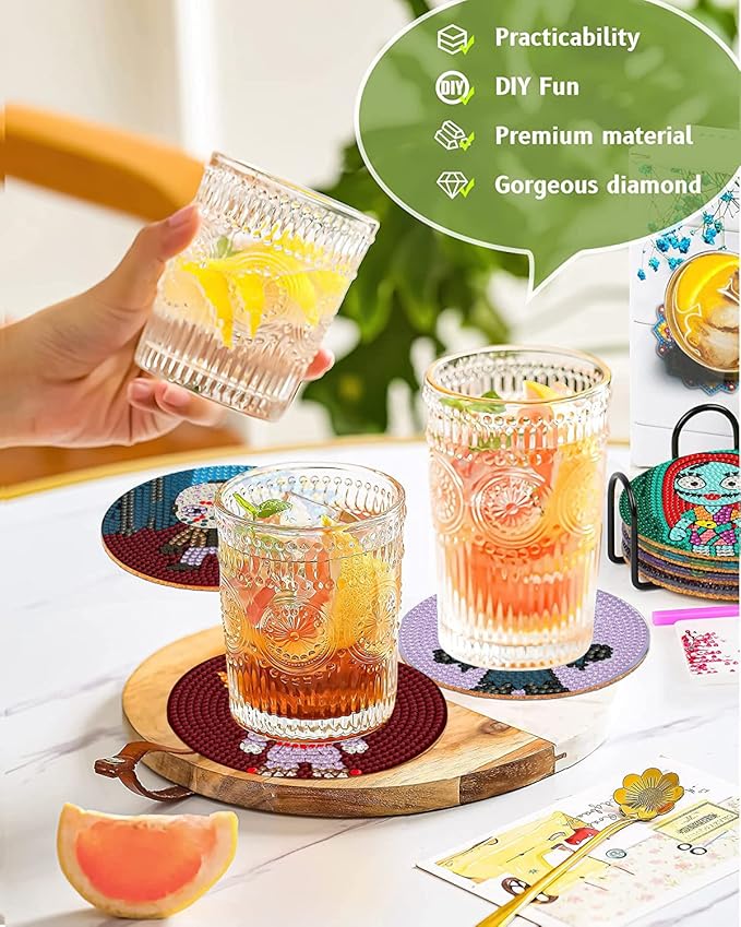 8Pcs Diamond Painting Coasters with Holder,DIY Halloween Life Coaster Diamond Art Kits for Adults Kids,Beginners Round Full Drill Diamond Art Craft Supplies