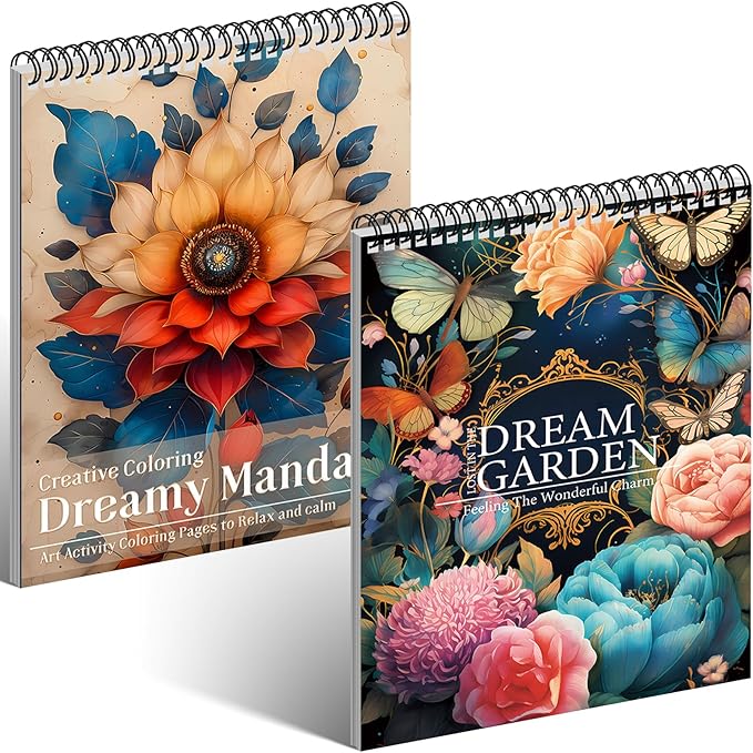 2Pcs Coloring Books for Adults Relaxation Coloring Book for Women Spiral Bound Printed On One Side, Adult Coloring Book for Women with 48 Patterns, Anxiety Relief Gifts(Mandala & Dream Garden)