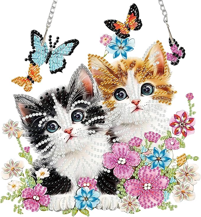 Miwixy Cats Hanging Diamond Art,Black Orange Cats Butterfly Special Shaped Crystal Christmas Diamond Painting Ornament Kit DIY Double-Sided Pattern Window Pendant Gem Art Kit for Home Wall Decor