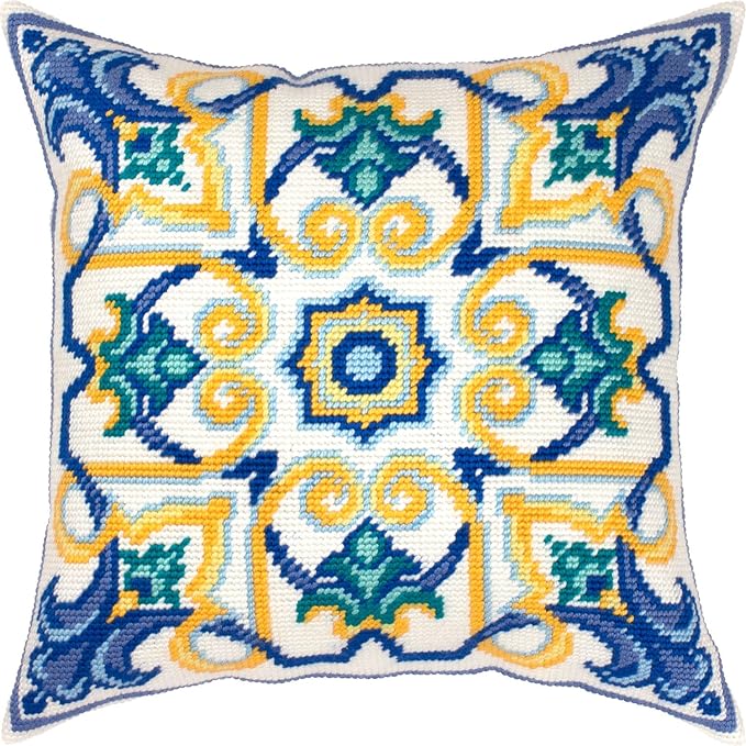 Brvsk Ornamental Embroidery Kit for Adults and Beginners — Porto 16″ × 16″ with Clear, Precise Printed Design on Cotton Canvas; Includes 2 Needles, Yarn, and Easy-Read Chart