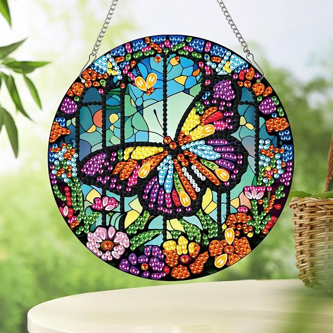 Tontut Hanging Decorations Diamond Painting Kits, Window Pendant DIY Butterfly Flower Diamond Painting, Special Shape Diamonds Art Home Wall Garden Window Decoration
