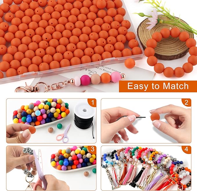 160Pcs 12mm Silicone Beads for Keychain Making Bracelet Necklace, Bulk Round Silicone Beads for Pens(Dark Orange)
