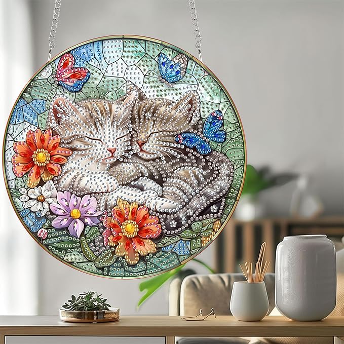 Bimkole Cat Diamond Art Hanging Kit for Adult, DIY 5D Diamond Art Flower Animal Window Pendant, Acrylic Crystal Art Hanging Ornament Home Wall Garden Front Door Sign Outdoor Decor 7.8x7.8 Inch