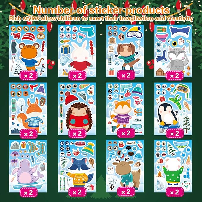 24 sheets winter stickers for kids toddlers, make-a-face sticker, make your own stickers with 12 designs of animal owl penguin snowman bear sticker for winter party decorations supplies
