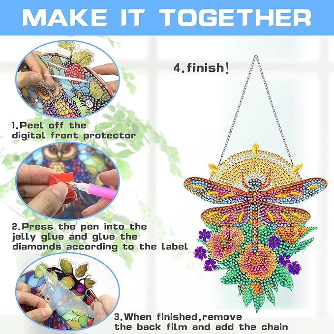 VAIIEYO Dragonfly Diamond Painting Hanging, Animal Diamond Painting Suncatchers Window Hanging Kit with Chain, 7.5x7.5 inch Crystal Pendant Art Craft for Gift Home Wall Front Door Decoration