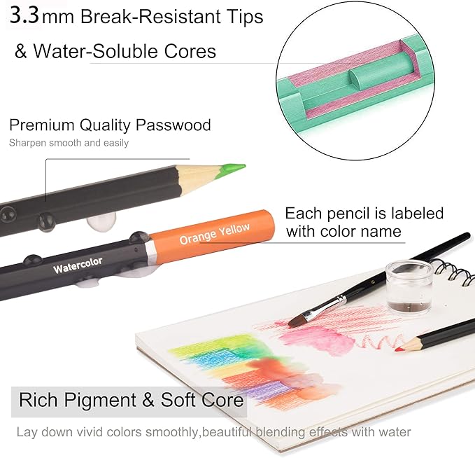 KALOUR Professional Watercolor Pencils with 2 Brush - 72 Colors - Beautiful Blending Effects with Wet or Dry - Ideal for Coloring Book - Water Soluble Pencils for Adults Beginners