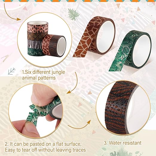 Lewtemi 12 Rolls Wild Animal Print Washi Tape Giraffe Leopard Masking Washi Stickers Adhesive Wrapping Tape Decorative for DIY Art Scrapbooking Craft Planner, 16.4 Ft(15mm)