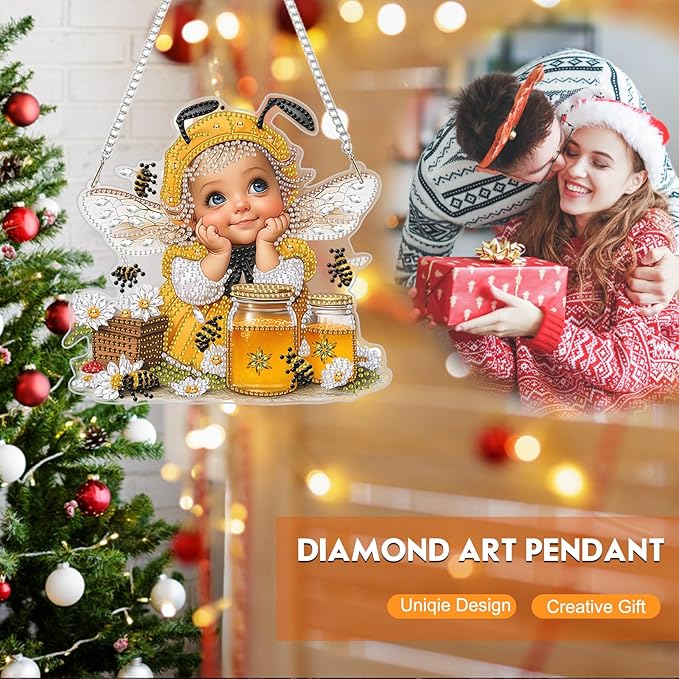 NEWENMO Diamond Art Hanging Kit for Adult, Whimsical Bee Fairy, DIY Double Sided Acrylic Special Shaped Diamond Art Painting Window Pendant Cute Honey Bee, Home Garden Wall Hanging Ornament Kits