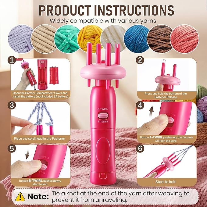 Gulfmew Portable Cord Maker & Fringe Twister, Handheld Yarn Crafting Tool for DIY Macrame & Knotting, Lightweight & Beginner-Friendly, Twisting Tassels in Seconds for Scarves(Pink)