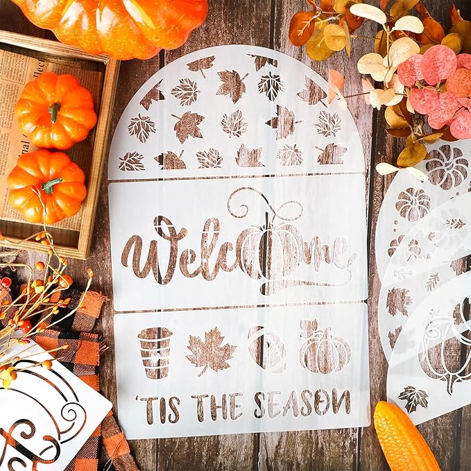 18 PCS Thanksgiving Stencils for Painting on Wood Fall Stecil for Adlts & Kids Autumn Pumpkin Leaves DIY Crafts Kit Templtes for Plain Door Wreath Hanger Door Mats Supplies