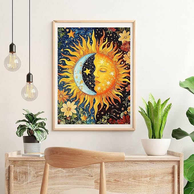igoodom Diamond Art Kits for Adults, Sun and Moon Diamond Painting Kit, Full Drill Round Diamond Art Kits, DIY Gem Art and Crafts for Home Wall Decor Gift 12x16inch