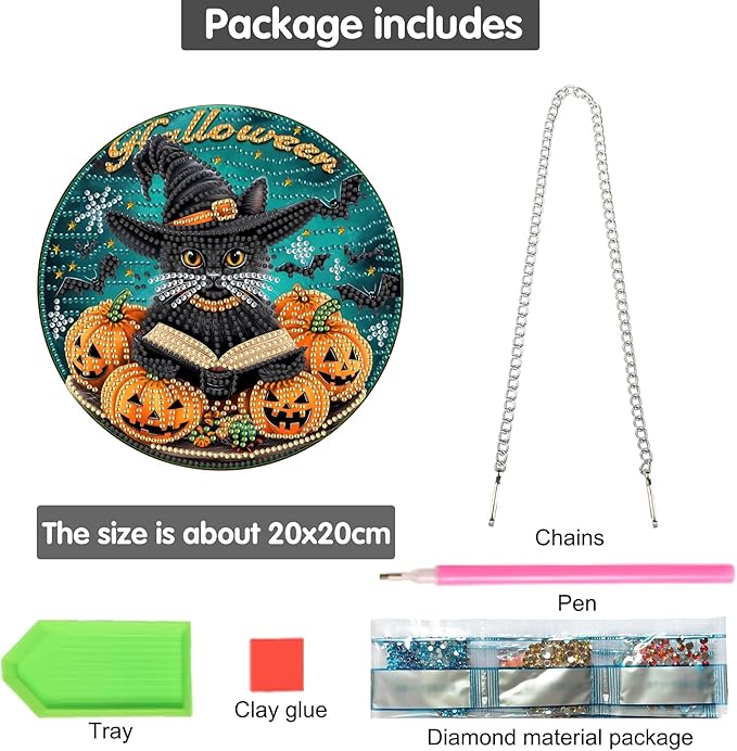 Bimkole Halloween Cat Diamond Art Hanging Kit for Adult, DIY 5D Diamond Art Pumpkins Window Pendant, Acrylic Crystal Art Hanging Ornament Home Wall Garden Front Door Sign Outdoor Decor 7.8x7.8 Inch