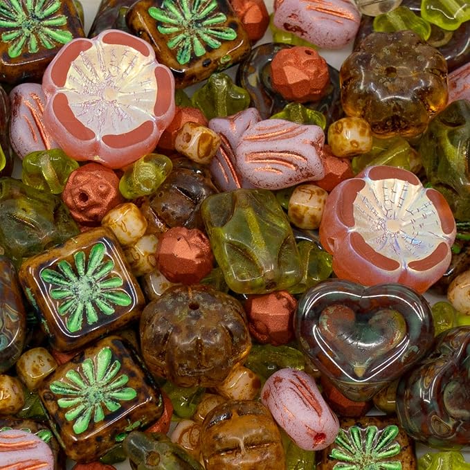 1.4oz (40g) Limited Mix of Czech Glass Beads, Hand Made Set Kit, Green Star Beads Pink Table Cut Hawaii Flower Beads