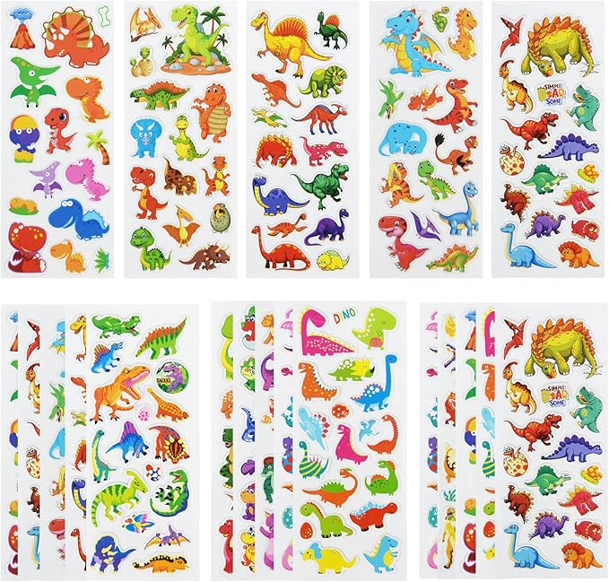 24 sheets(400+) dinosaur 3d puffy stickers for toddlers kids, bulk preschool sticker sheets for reward, craft, scrapbooking